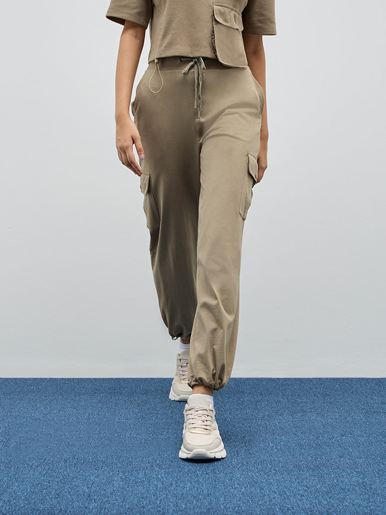 Studiofit Light Olive Cargo-Style High-Rise Cotton Joggers