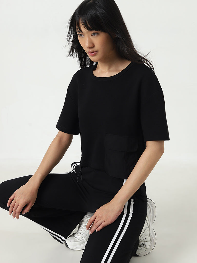 Studiofit Black Textured Cotton T-Shirt