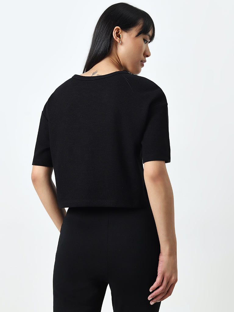 Studiofit Black Textured Cotton T-Shirt