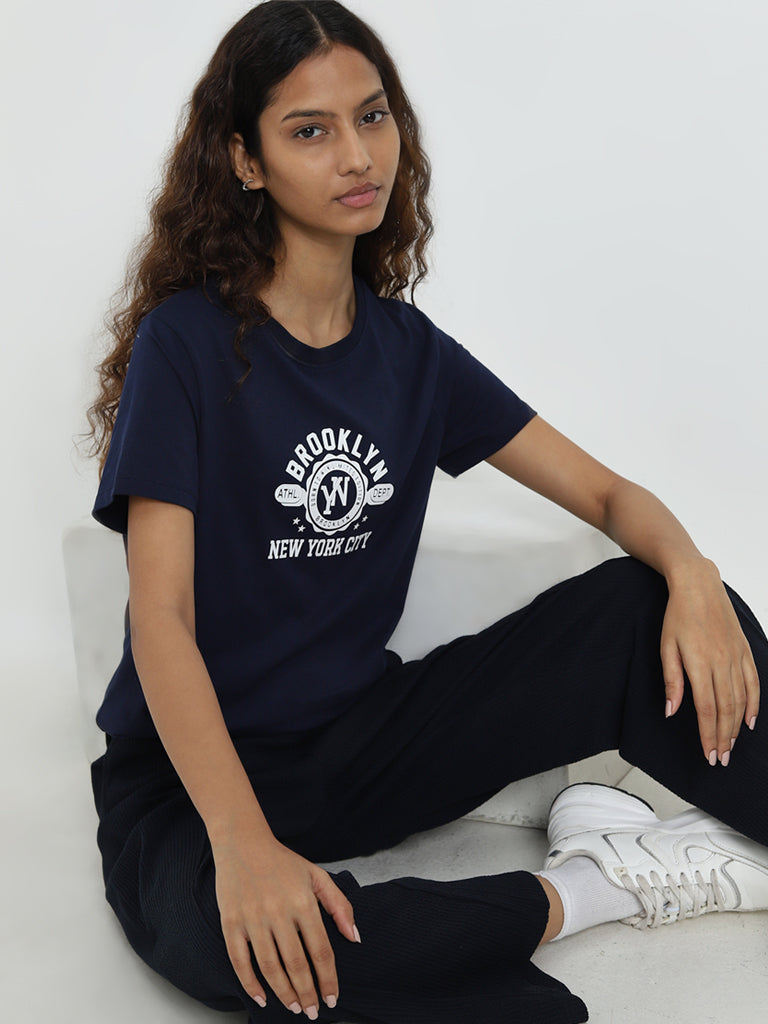 Studiofit Navy Text Printed Cotton T-Shirt