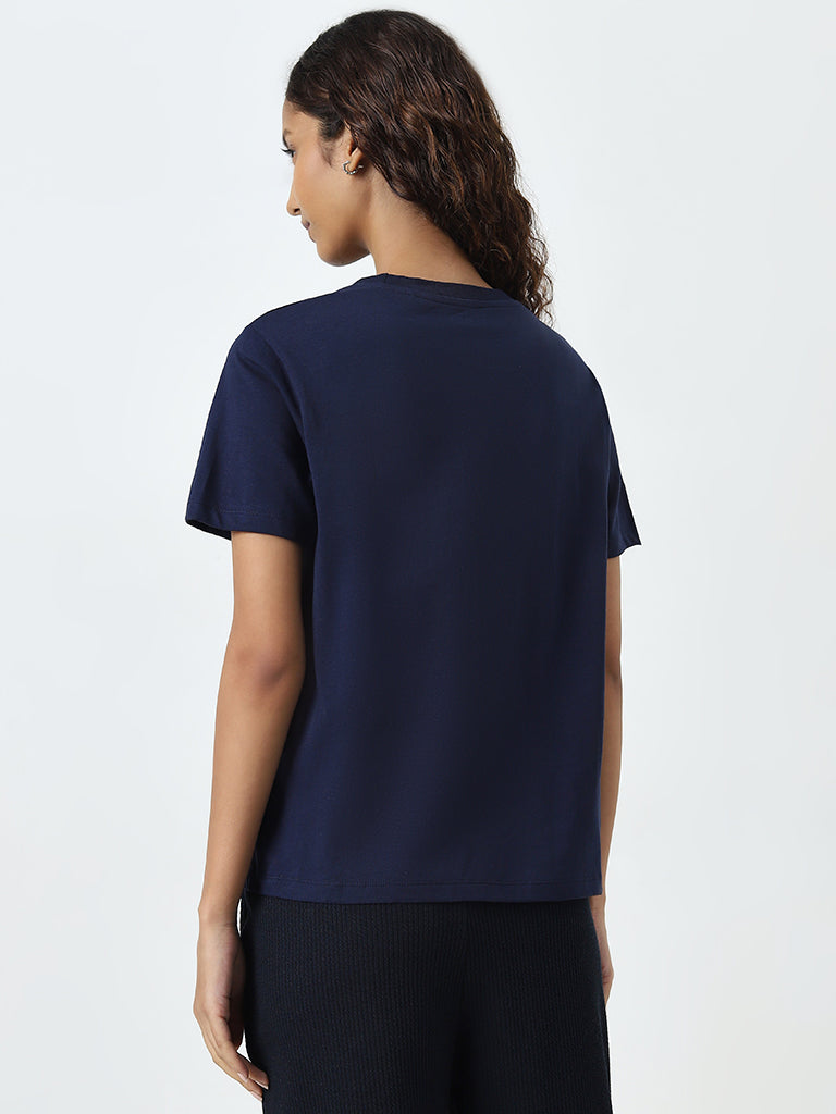 Studiofit Navy Text Printed Cotton T-Shirt