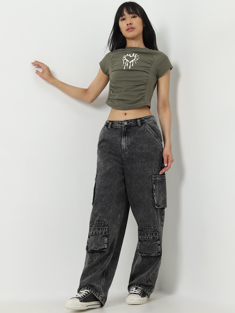 Nuon Grey Relaxed - Fit High - Rise Denim Cargo Jeans