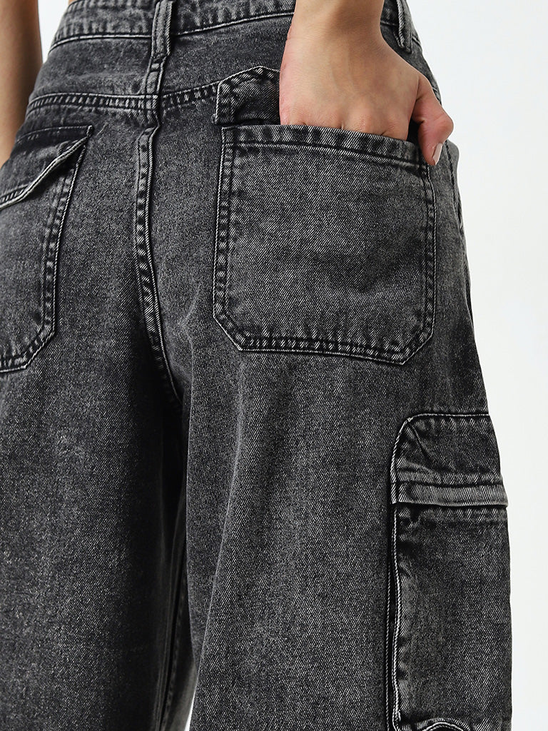 Nuon Grey Relaxed - Fit High - Rise Denim Cargo Jeans