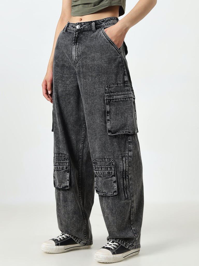 Nuon Grey Relaxed - Fit High - Rise Denim Cargo Jeans