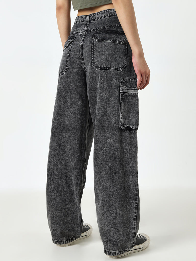 Nuon Grey Relaxed - Fit High - Rise Denim Cargo Jeans