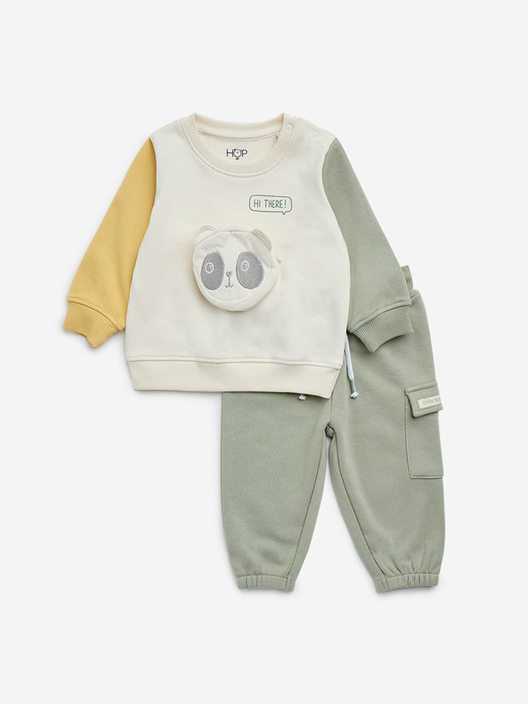 HOP Baby Sage Animal Design Cotton-Blend Sweatshirt with Joggers Set