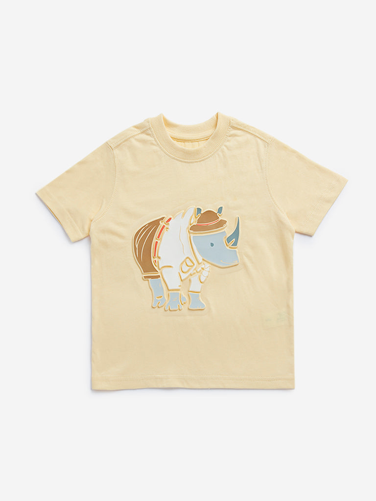 HOP Kids Yellow Animal Printed Cotton T-Shirt