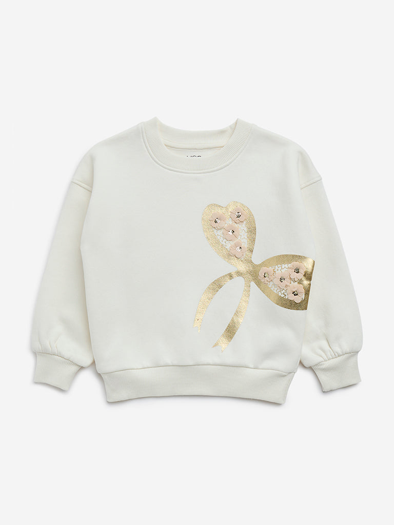 HOP Kids Off-White Bow Design Cotton Blend Sweatshirt