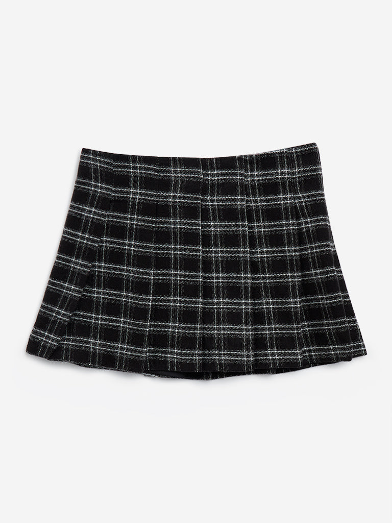 Y&F Kids Black Checks Printed High-Rise Cotton Skirt