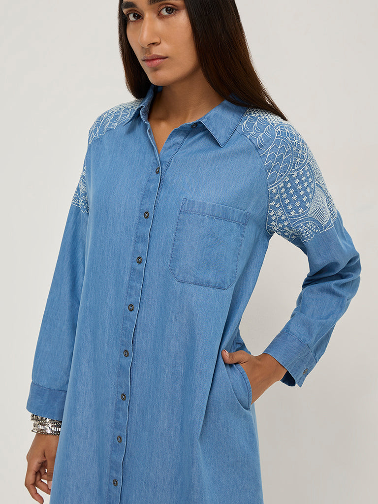 Buy Utsa Blue Embroidered High Low Denim Shirt Dress from Westside