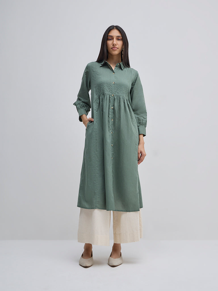 Utsa Sage Pintuck Detailed A-Line Cotton Kurta