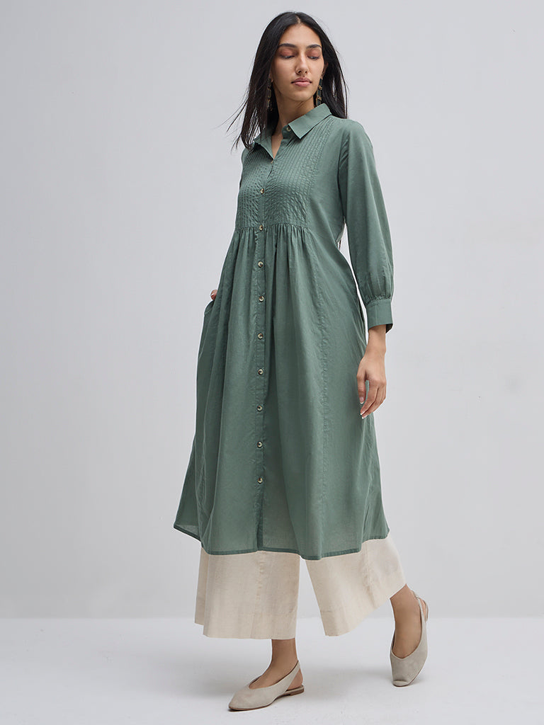 Utsa Sage Pintuck Detailed A-Line Cotton Kurta