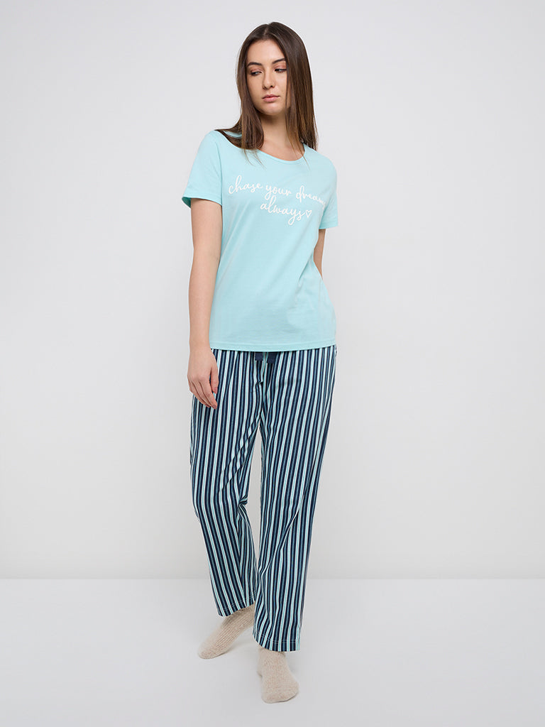 Wunderlove Blue Striped High-Rise Cotton Lounge Pants