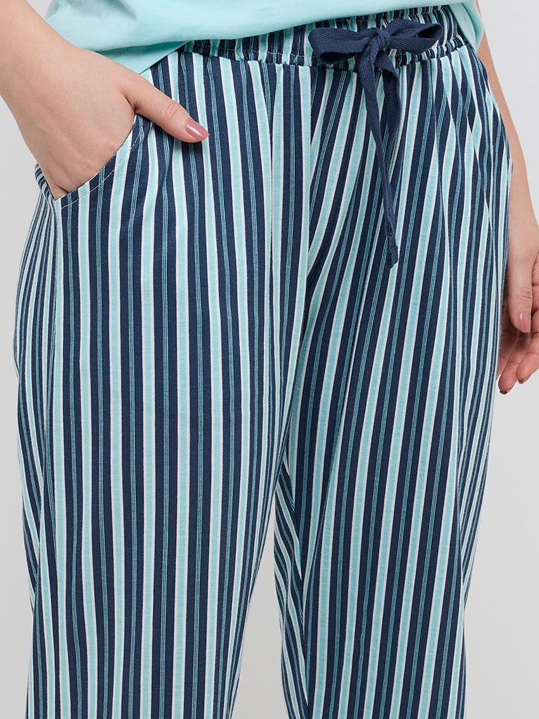 Wunderlove Blue Striped High-Rise Cotton Lounge Pants