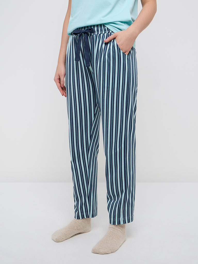 Wunderlove Blue Striped High-Rise Cotton Lounge Pants