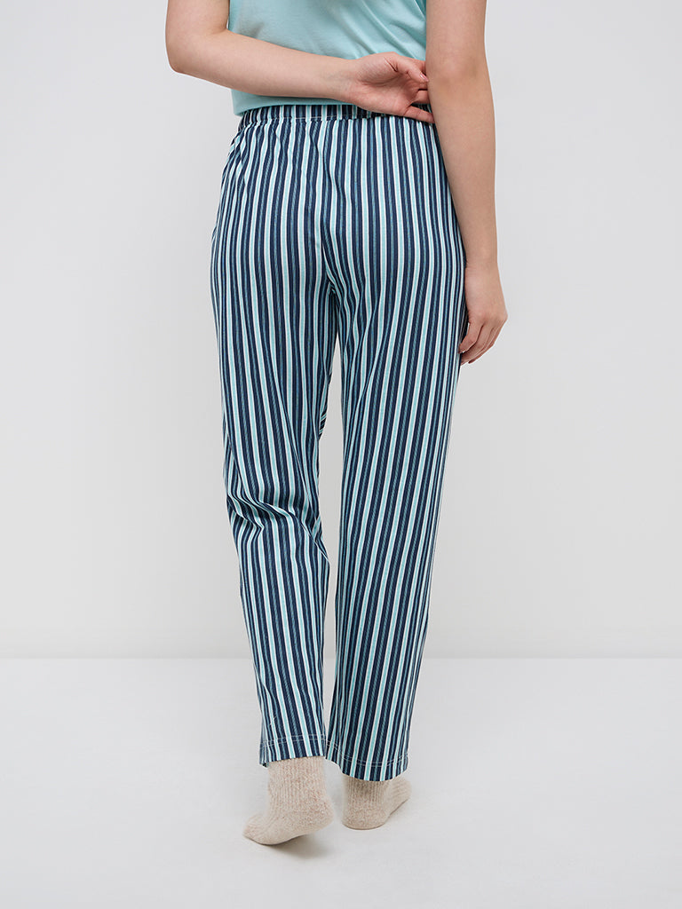 Wunderlove Blue Striped High-Rise Cotton Lounge Pants