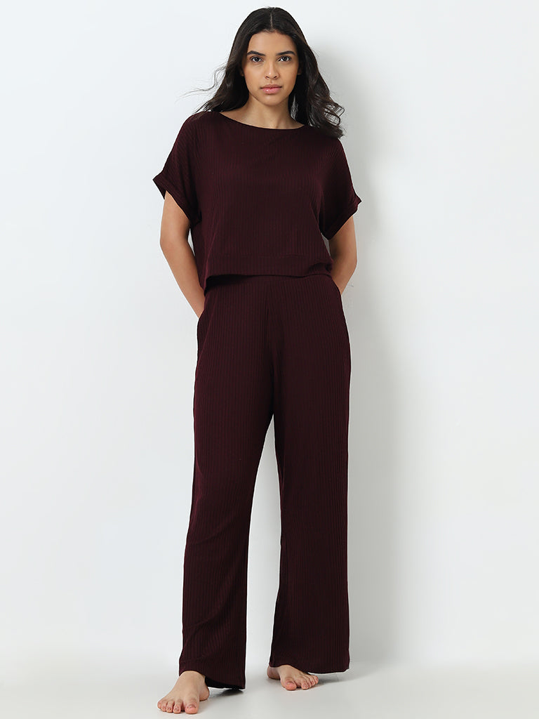 Wunderlove Purple Ribbed High-Rise Lounge Pants