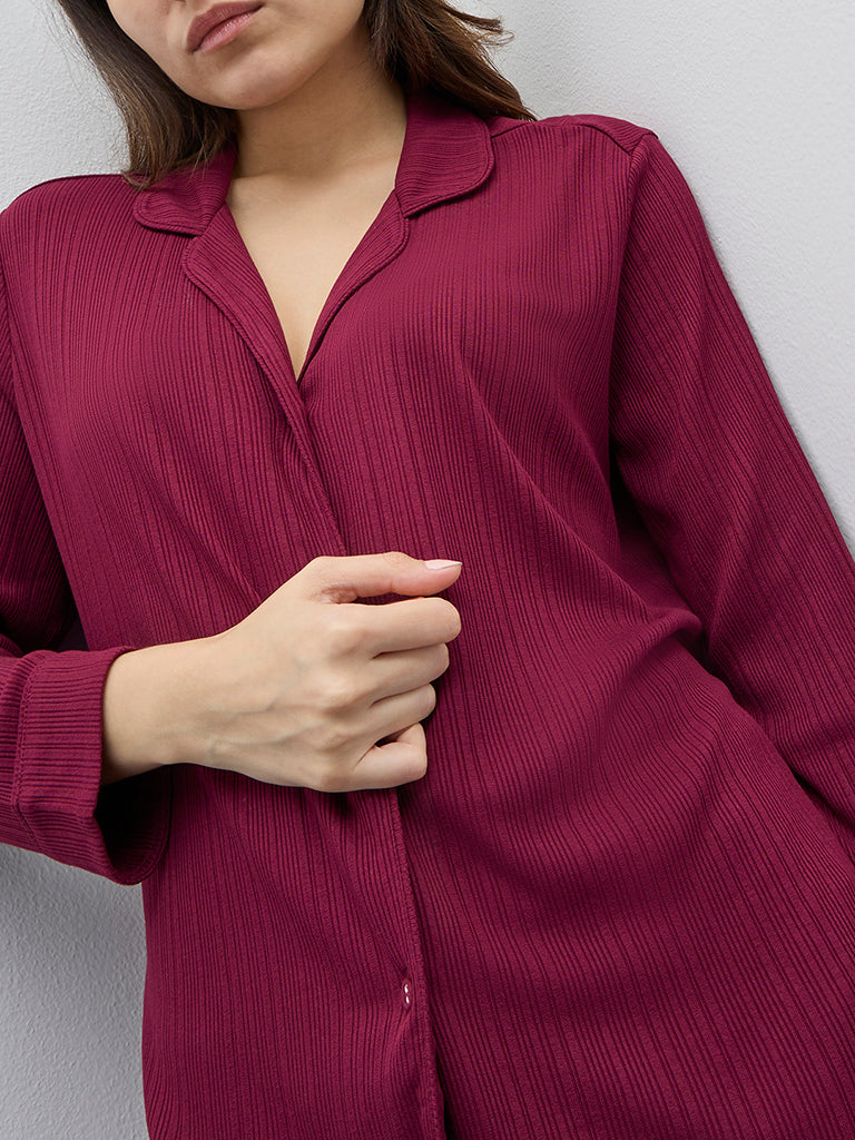 Wunderlove Maroon Supersoft Ribbed Cotton Shirt