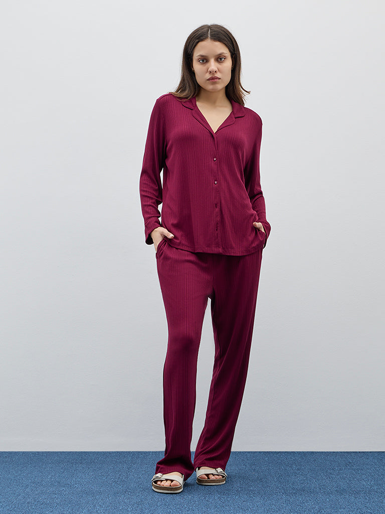 Wunderlove Maroon Supersoft Ribbed Cotton Shirt