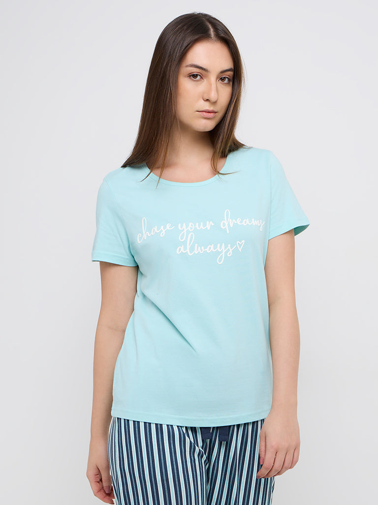 Wunderlove Light Blue Text Design Cotton Top