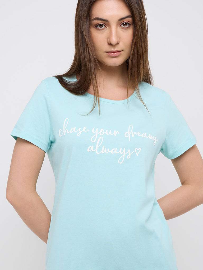 Wunderlove Light Blue Text Design Cotton Top