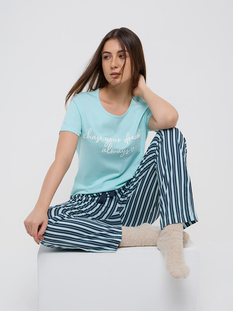 Wunderlove Light Blue Text Design Cotton Top