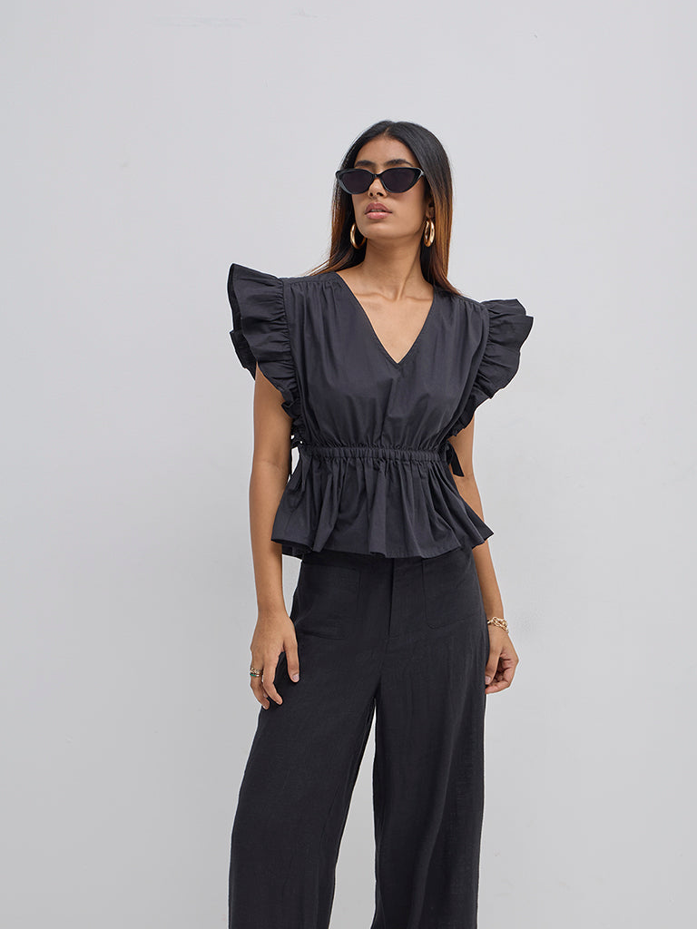 LOV Black Ruffle-Detailed Peplum Top