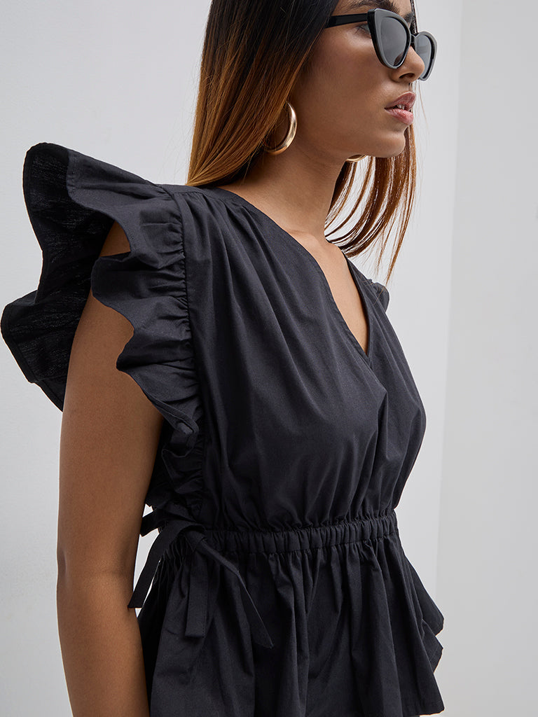 LOV Black Ruffle-Detailed Peplum Top