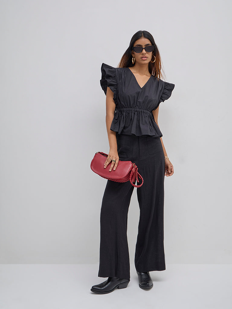 LOV Black Ruffle-Detailed Peplum Top