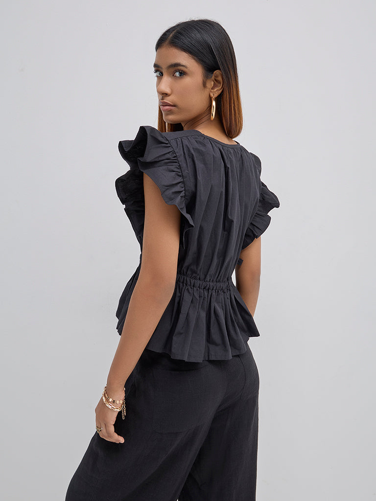 LOV Black Ruffle-Detailed Peplum Top