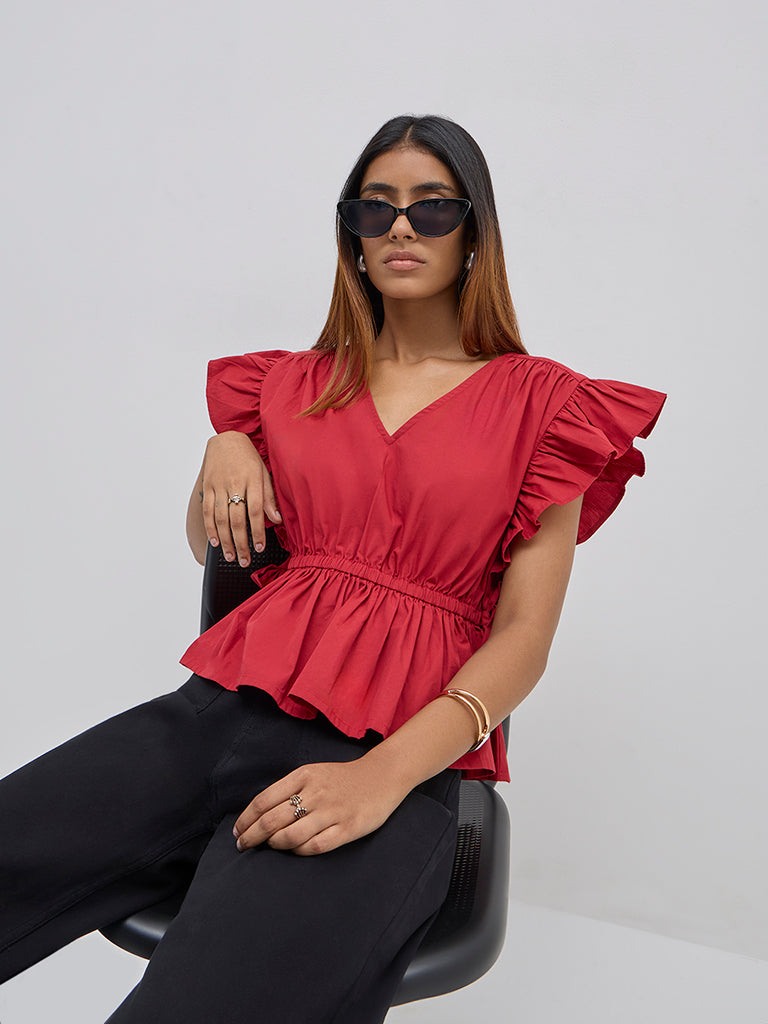 LOV Red Ruffle-Detailed Cotton Peplum Top