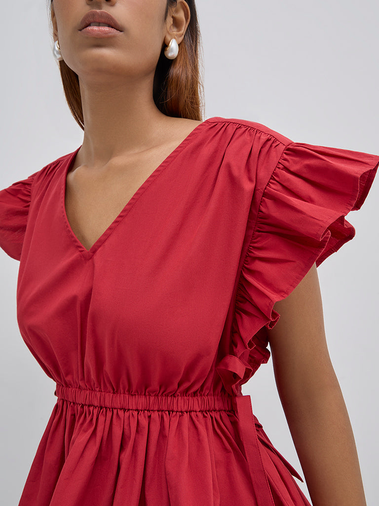 LOV Red Ruffle-Detailed Cotton Peplum Top