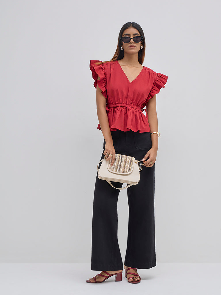 LOV Red Ruffle-Detailed Cotton Peplum Top