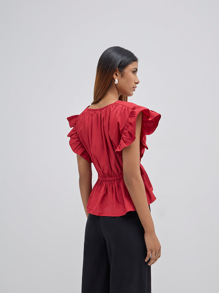 LOV Red Ruffle-Detailed Cotton Peplum Top