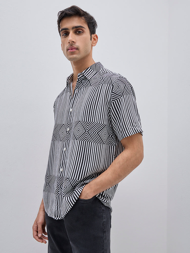 Ascot Black & White Abstract Relaxed-Fit Linen Blend Shirt