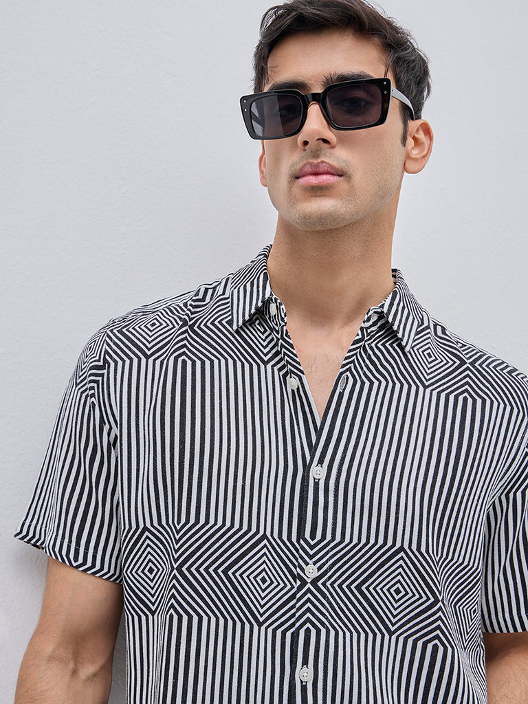 Ascot Black & White Abstract Relaxed-Fit Linen Blend Shirt