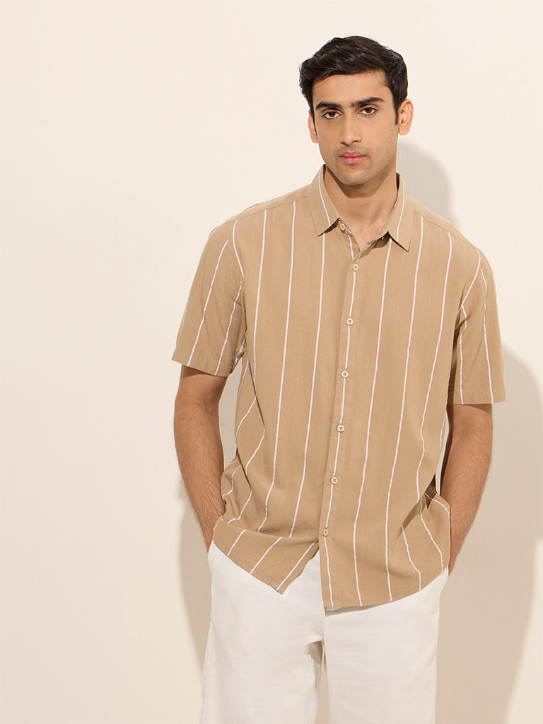 Ascot Taupe Pinstriped Relaxed-Fit Blended Linen Shirt