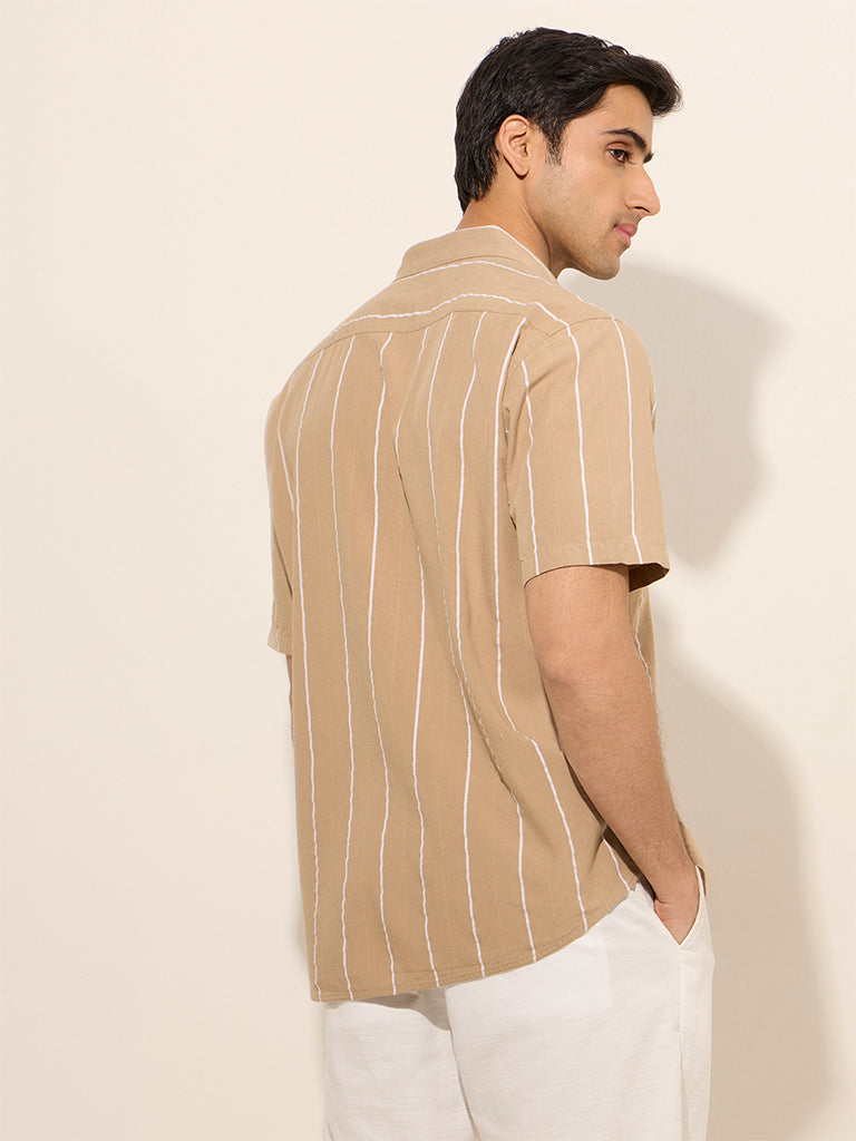 Ascot Taupe Pinstriped Relaxed-Fit Blended Linen Shirt