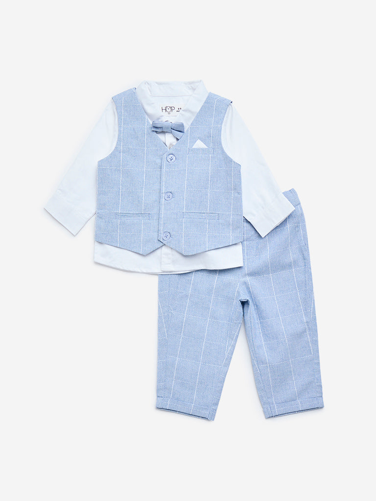 HOP Baby Light Blue Cotton Waistcoat, Shirt, Pants & Bow Set