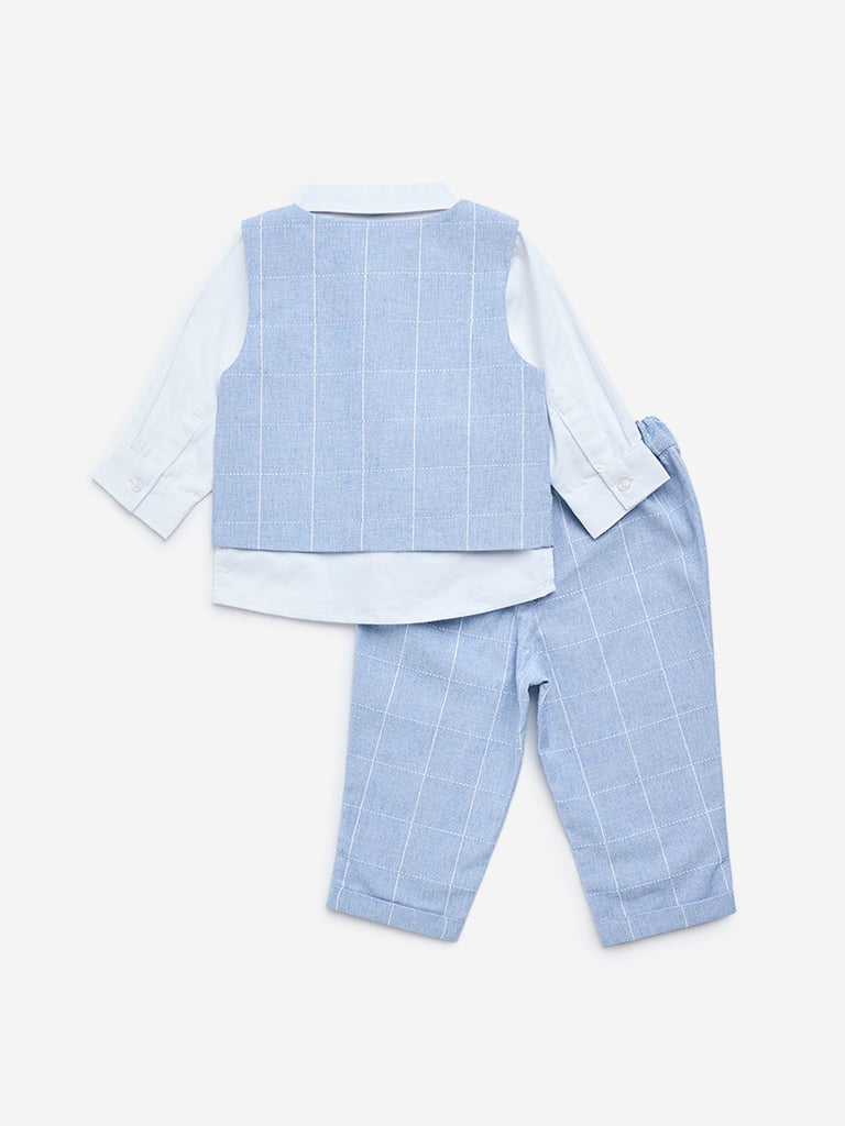 HOP Baby Light Blue Cotton Waistcoat, Shirt, Pants & Bow Set