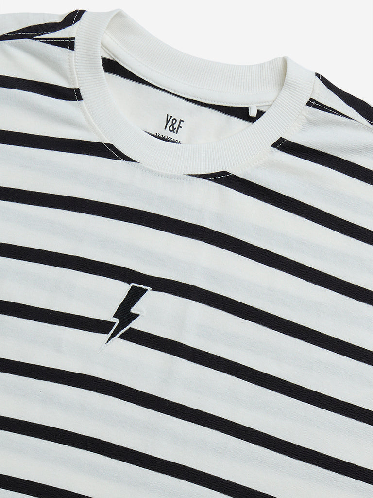 Y&F Kids Black & White Striped Cotton T-Shirt