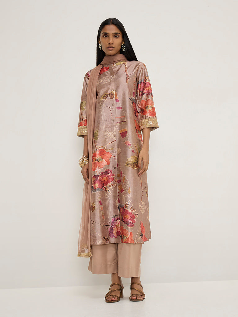 Vark Light Brown A-Line Kurta, Palazzos and Dupatta Set