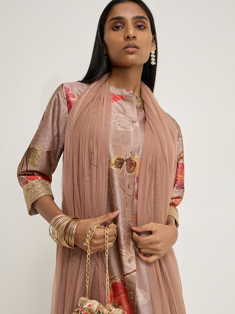 Vark Light Brown A-Line Kurta, Palazzos and Dupatta Set