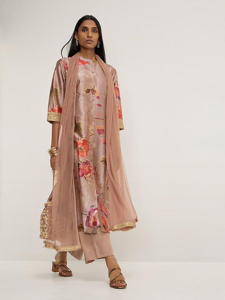 Vark Light Brown A-Line Kurta, Palazzos and Dupatta Set