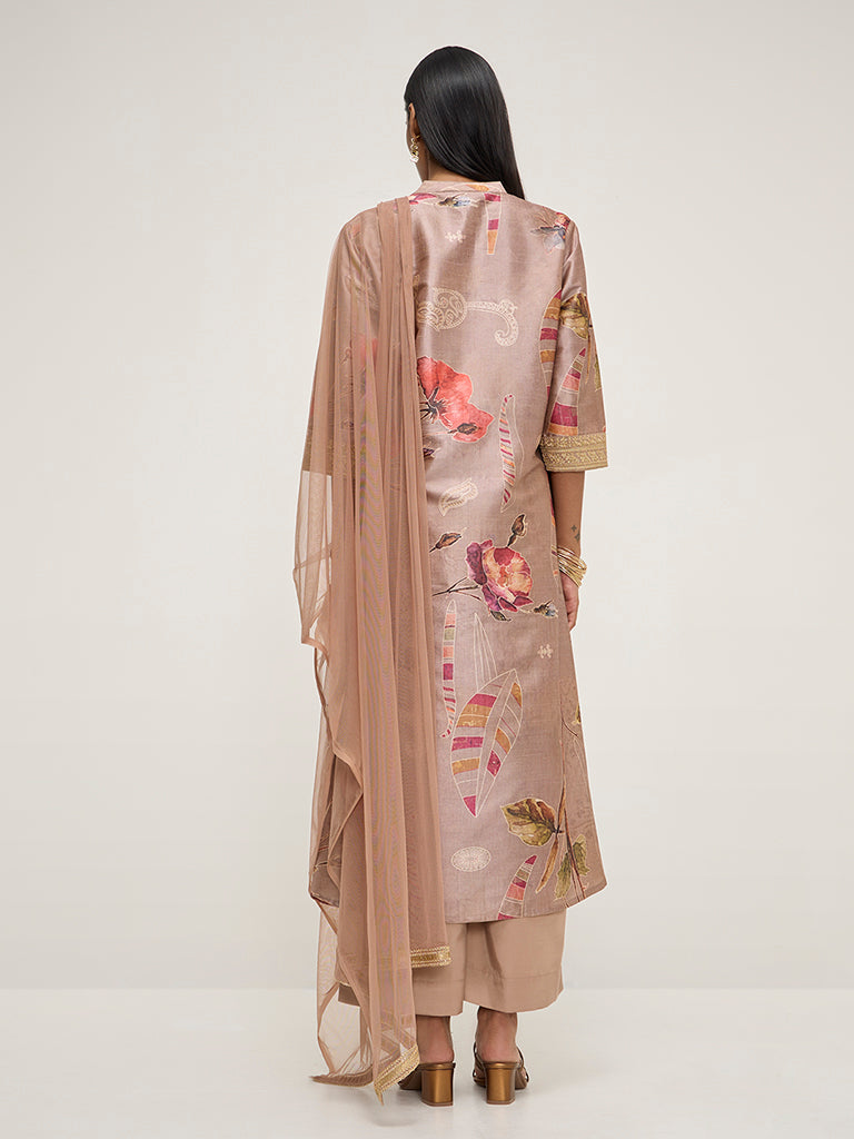 Vark Light Brown A-Line Kurta, Palazzos and Dupatta Set