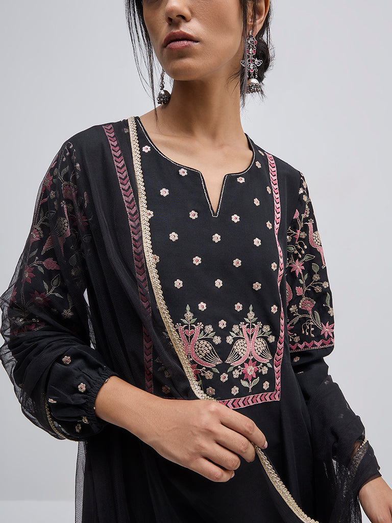 Vark Black Embroidered A-Line Kurta, Pants and Dupatta Set