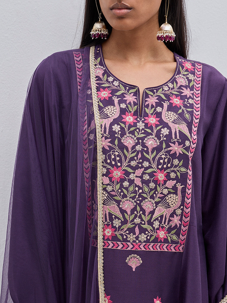 Vark Purple Embroidered Kurta, Pants and Dupatta Set