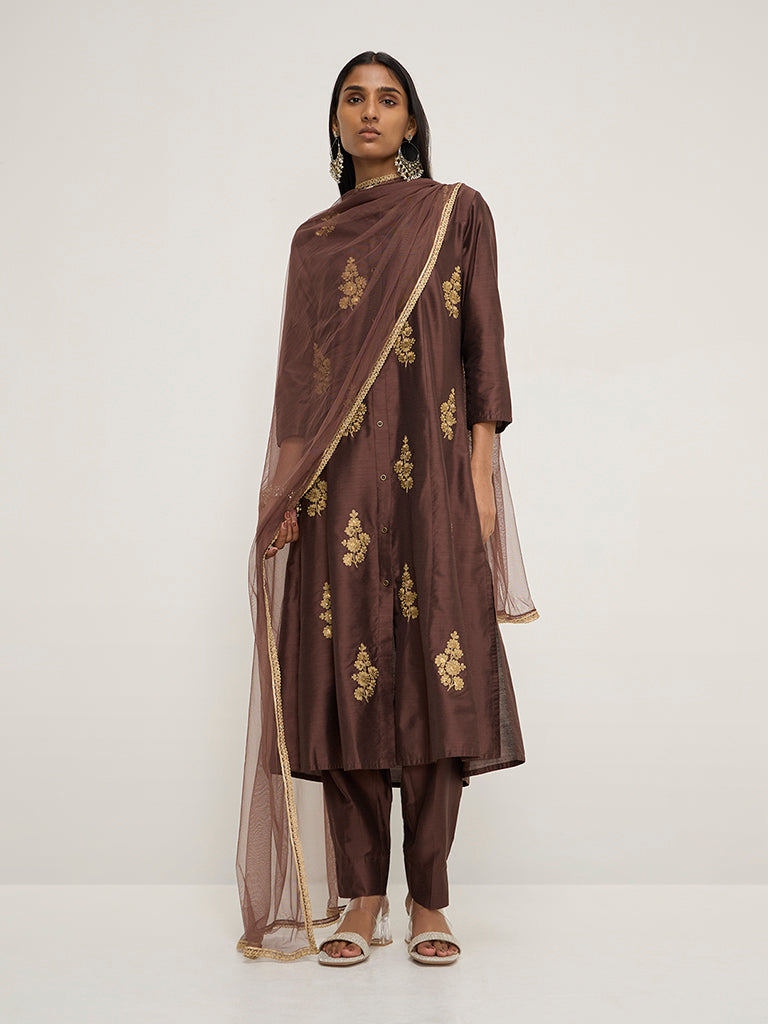 Vark Brown Embroidered A-Line Kurta, Pants and Dupatta