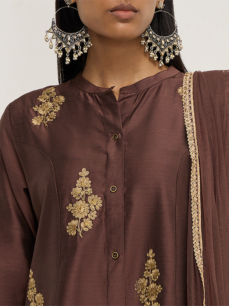 Vark Brown Embroidered A-Line Kurta, Pants and Dupatta