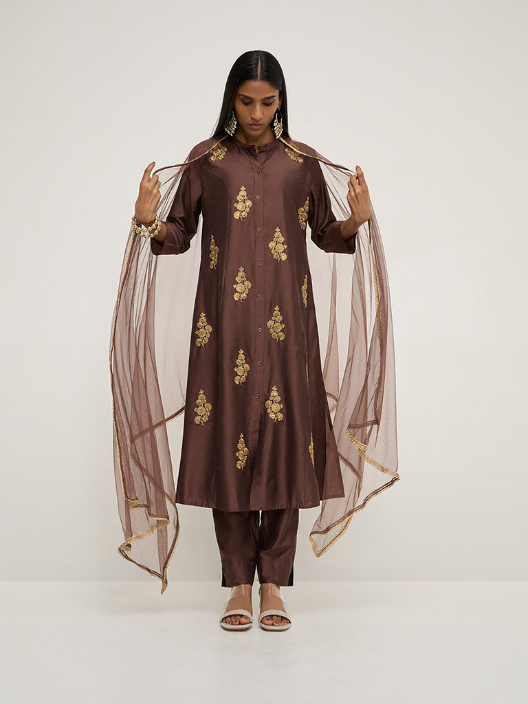 Vark Brown Embroidered A-Line Kurta, Pants and Dupatta